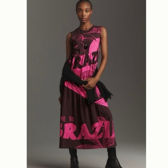 FARM Rio Dresses & Skirts - New with Tags Farm Rio x Anthropologie Tiered Brazil Graphic Pink Dress Size S
